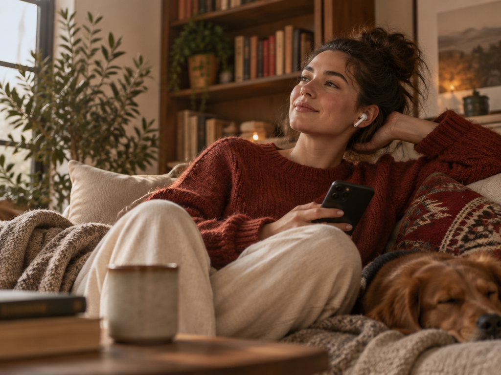 Kvinne lytter til en lydbokapp på telefonen